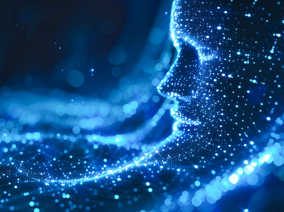 3d rendering of a female head made of glowing particles on a dark background